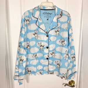 PJ Salvage Pug Dog w/ Wings in Clouds Print Pajama Top Lt Blue White Large